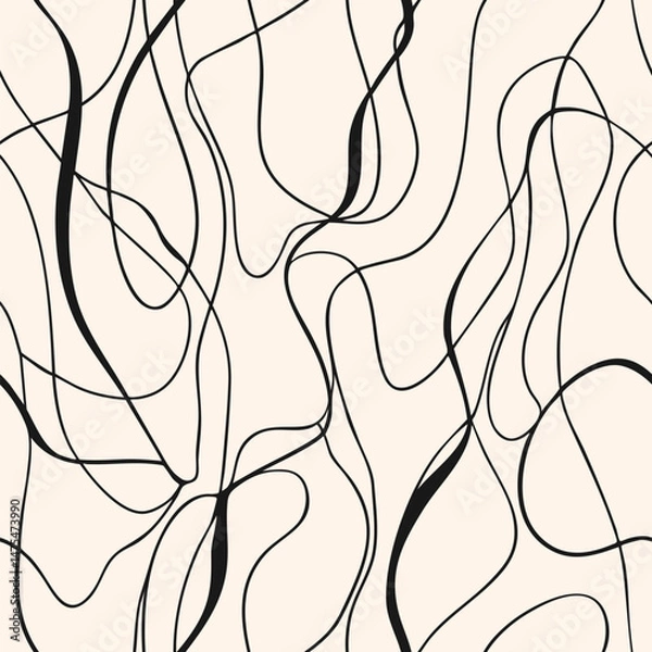 Fototapeta Abstract organic seamless pattern. Vector black and white background with intertwined curvy lines, threads, ropes, fluid shapes. Minimal monochrome texture. All-over repeated design for decor, print