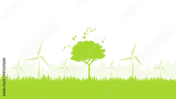 Fototapeta wind turbine on green field silhouette sustainable development environment concept vector illustration good for web banner, ads banner, campaign banner, wallpaper, backdrop and green campaign
