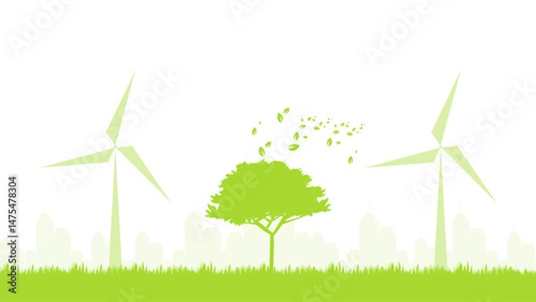 Fototapeta wind turbine on green field silhouette sustainable development environment concept vector illustration good for web banner, ads banner, campaign banner, wallpaper, backdrop and green campaign