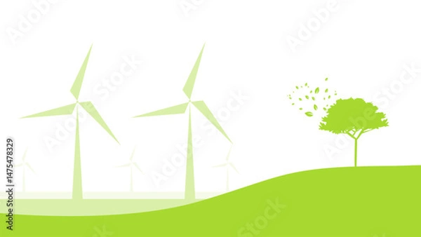 Fototapeta wind turbine on green field silhouette sustainable development environment concept vector illustration good for web banner, ads banner, campaign banner, wallpaper, backdrop and green campaign