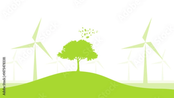 Fototapeta wind turbine on green field silhouette sustainable development environment concept vector illustration good for web banner, ads banner, campaign banner, wallpaper, backdrop and green campaign