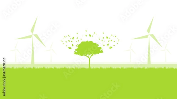 Fototapeta wind turbine on green field silhouette sustainable development environment concept vector illustration good for web banner, ads banner, campaign banner, wallpaper, backdrop and green campaign