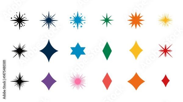 Fototapeta Shine sparkle star icon set solid colours simple silhouette vector on white background  -  
