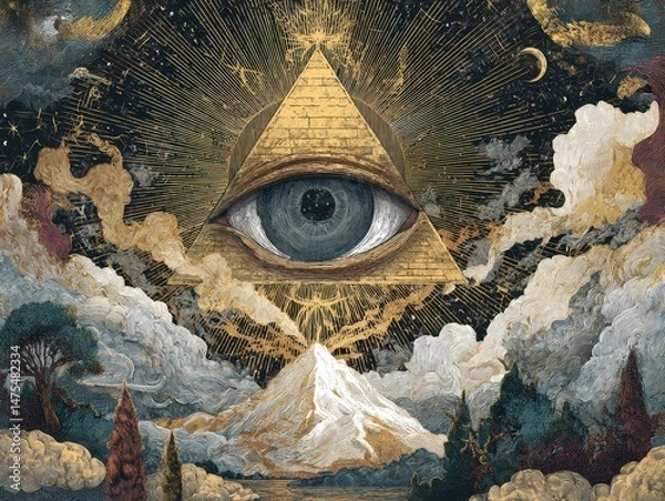 Fototapeta A golden pyramid design with an all-seeing eye and landscape.