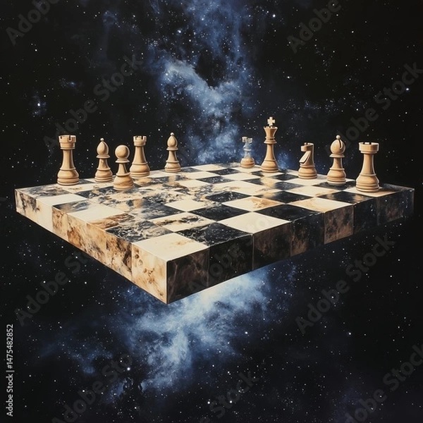 Fototapeta Cosmic Chess: Strategic Play on a Floating Wooden Board with a Galaxy Game Universe Background