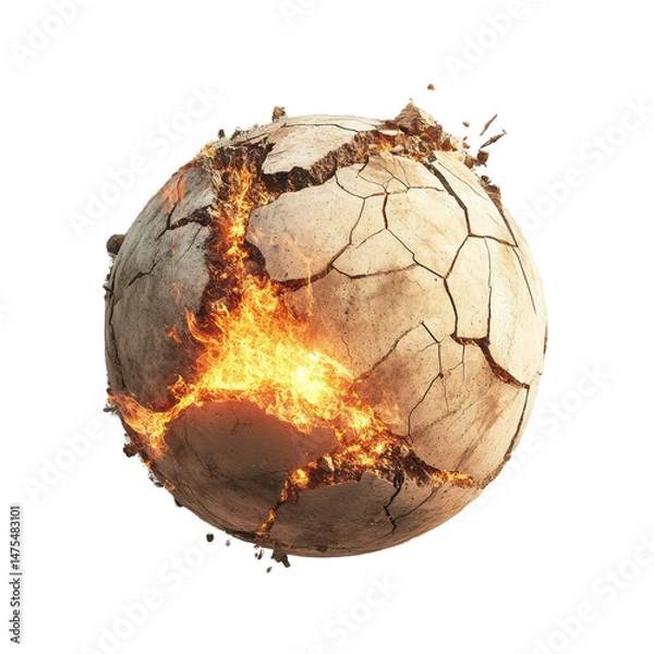 Fototapeta Crumbling earth ball with fiery cracks on a Transparent background reveals a dramatic natural phenomenon, Crumbling earth ball with fire cracks