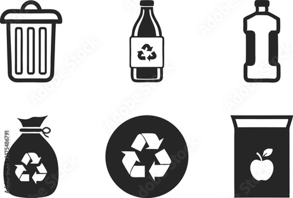 Fototapeta Recycling and Waste Management Silhouette Icons ? Eco-Friendly Solid Black Vector Set