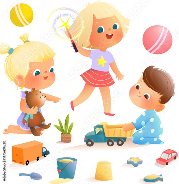 Obraz Three Children Playing on Playground with Toys. Little kids friends playing outside or inside. Childhood playtime colorful clipart collection. Vector kids educational cartoon clip art collection.