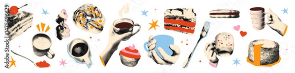 Fototapeta Trendy halftone collage cutout elements set. Hands holding cups and mugs of hot coffee or tea or cocoa with dessert and sweets. Modern retro vector illustration isolated on transparent background