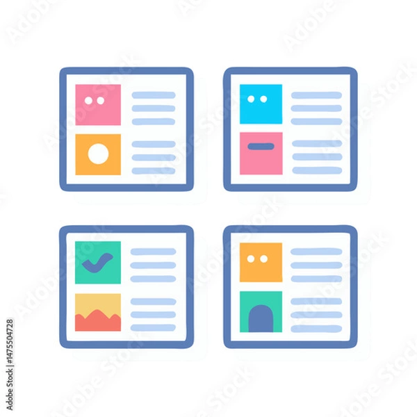 Fototapeta Four Content Cards with different illustrations on black background