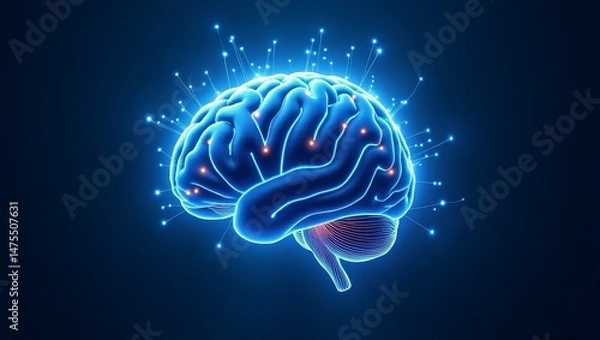 Fototapeta human brain with blue background with technological ideas in the computrize era