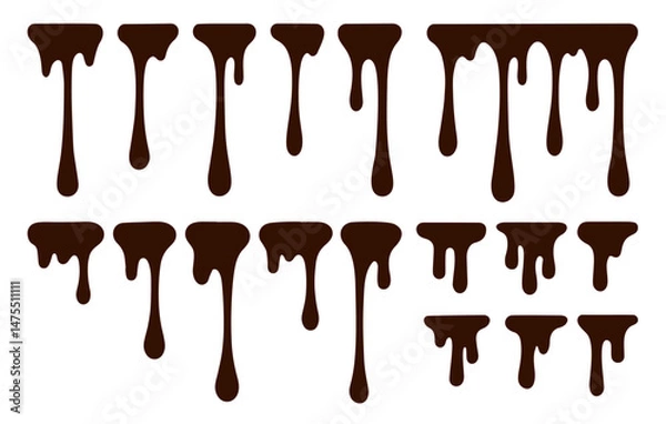 Fototapeta Big set of hand drawn long drip of chocolate, glaze, milk, ice cream, gelato, syrup. Contour, silhouette of dripping drop from cake, dessert, isolated on white background in flat style. Vector EPS10