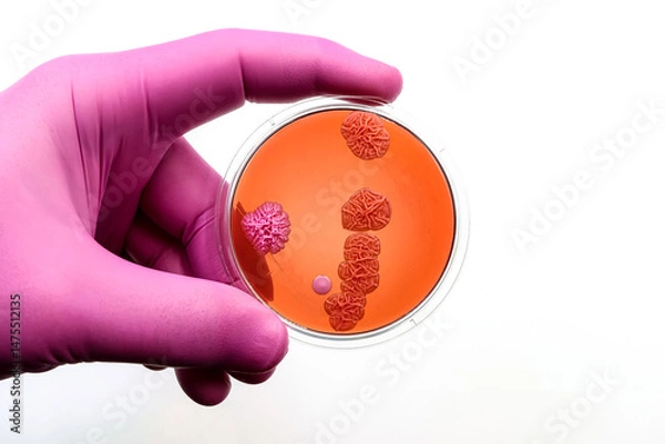 Fototapeta Doctor's or scientist's hand with a microbiological culture dish with colonies of bacteria and yeast	
