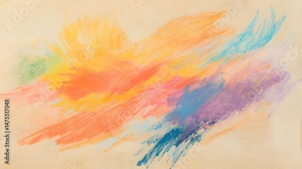 Fototapeta Photograph of colorful crayon strokes create an abstract, textured composition on a beige background.