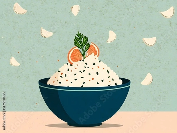 Obraz Artistic Culinary Delights: A stylized illustration showcases a vibrant bowl of rice topped with fresh citrus and a sprig of parsley, set against a soft backdrop sprinkled with artistic accents.