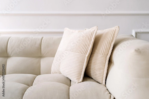 Fototapeta Modern white couch with soft pillows in a stylish minimalist interior setting