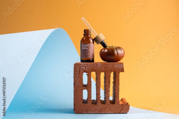 Fototapeta Natural skincare serum display with tomato and curved blue paper backdrop