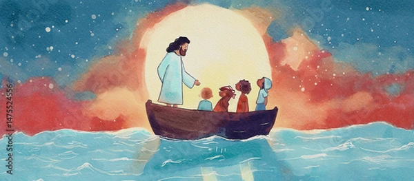 Obraz Jesus warmly welcomes and teaches children on a boat beneath a glowing sunset, watercolor for children
