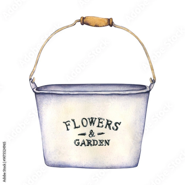 Obraz Watercolor illustration of a white flowerpot in a retro style. Garden vintage bucket. Hand drawn Garden Tools for harvesting crops, work in the garden, and care of house plants