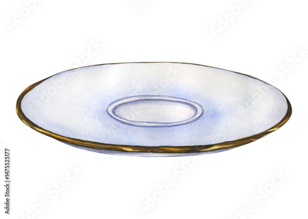 Obraz Ceramic porcelain saucer. Watercolor hand drawn illustration of plate isolated. Ornate gilded tea saucer for english afternoon tea ceremony party or breakfast. Ceramic plate on Transparent PNG format