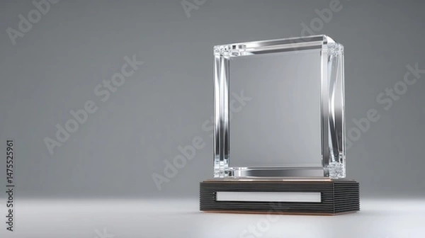 Fototapeta A stunning image of blank square glass trophy mockup, 3d rendering. Empty acrylic award design mock up. Transparent realistic crystal prize plate template. Premium first place.