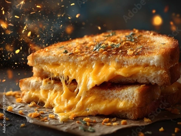 Fototapeta Golden Grilled Cheese Delight: An artful presentation of a toasted grilled cheese sandwich, featuring perfectly melted cheese oozing between golden-brown bread.
