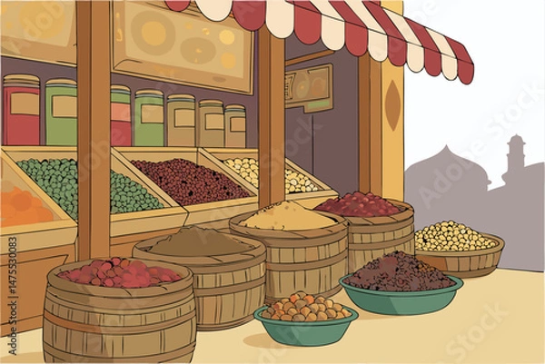 Obraz 15 colorful, vibrant, market stall, variety of dried fruits and nuts, textures, patterns, baskets, jars, spices, aromas, bustling atmosphere, crowded, lively, street market, India, Morocco, Istanbul
