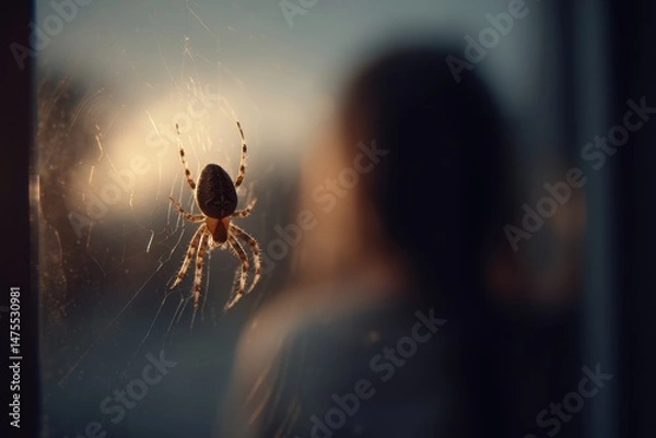 Obraz Orb-weaver spider on a windowpane viewed from within.
