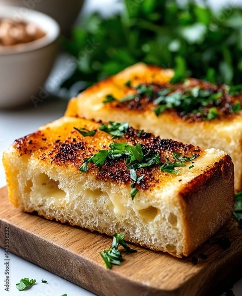 Obraz Deliciously toasted bread, perfectly golden and crispy, topped with fresh herbs. This tempting dish is a delightful addition to any meal, showcasing inviting flavors and textures.