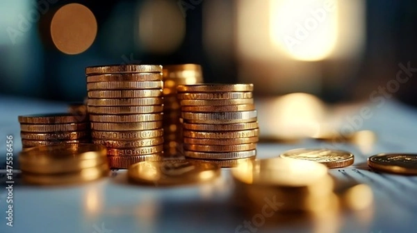 Obraz Close-up view of shiny golden coins stacked in a pile, reflecting light. The background is blurred, adding a sense of luxury and wealth, ideal for financial concept visuals.