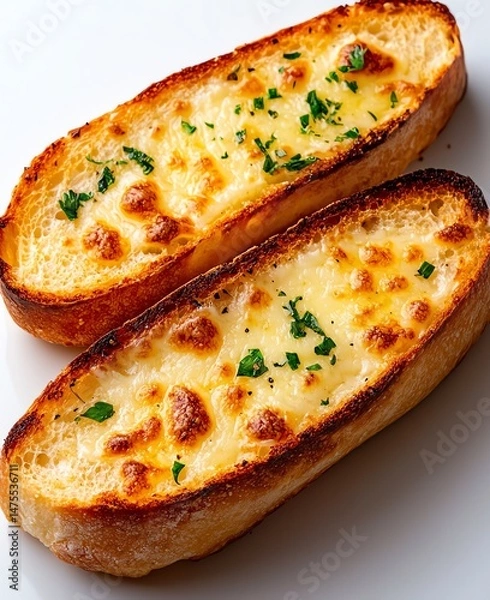 Obraz Deliciously toasted bread topped with melted cheese and herbs. A perfect appetizer or snack for cheese lovers, offering a crispy texture and rich flavor that satisfies the palate.