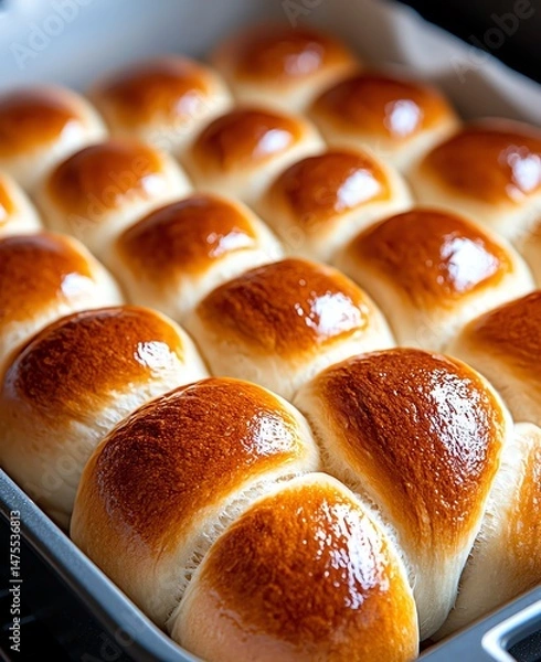 Obraz Freshly baked dinner rolls, golden brown and soft, arranged neatly in a tray. Ideal for family meals, picnics, or gatherings, these rolls offer a warm and inviting touch.
