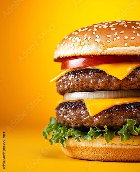 Obraz Delicious double cheeseburger with melted cheese, fresh lettuce, tomato, and a sesame seed bun against a vibrant yellow background. Perfect for food photography or advertising.
