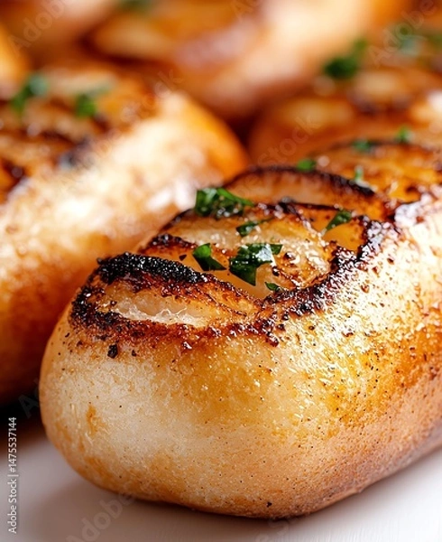 Obraz Deliciously grilled bread rolls topped with fresh herbs, perfect for enhancing any meal. Ideal for showcasing culinary skills or capturing food's appealing aesthetics.