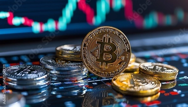 Obraz Close-up of various cryptocurrencies including Bitcoin on a stock market background, highlighting the dynamic nature of financial trading and digital currency investments.