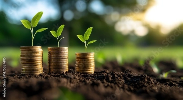 Obraz A symbolic representation of sustainable growth, featuring green seedlings emerging from stacks of coins, illustrating the connection between nature and financial prosperity.