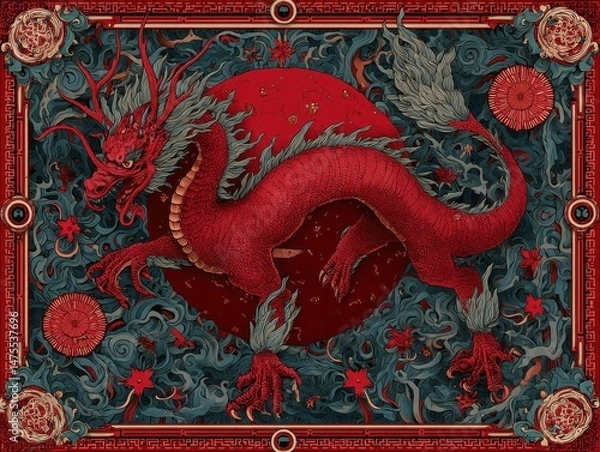 Fototapeta Intricate illustration of a mythical red dragon.