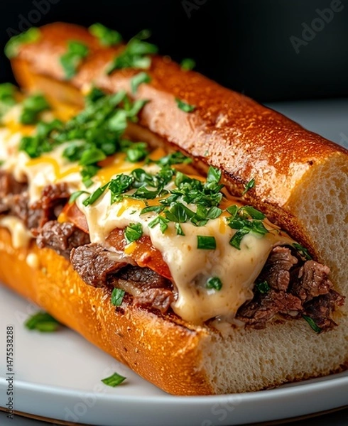 Obraz A delicious, mouth-watering sandwich filled with tender beef and topped with savory cheese and fresh herbs, perfect for a satisfying meal or snack