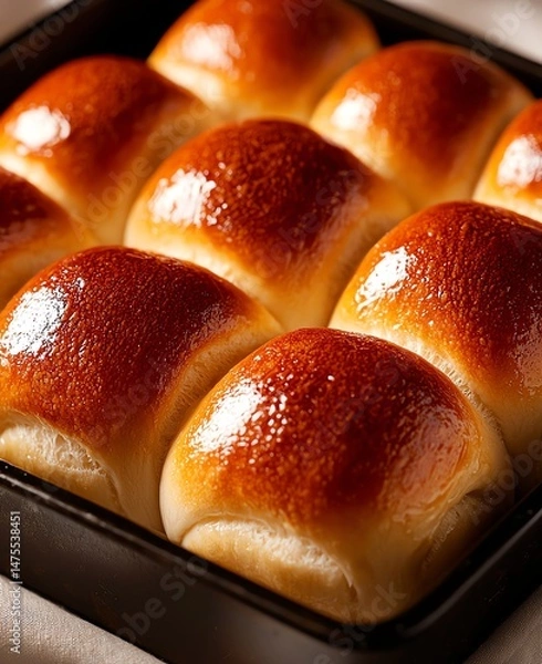 Obraz Delicious golden-brown dinner rolls baked to perfection, soft and fluffy texture, ideal for side dishes or holiday meals, served fresh in a black baking dish.
