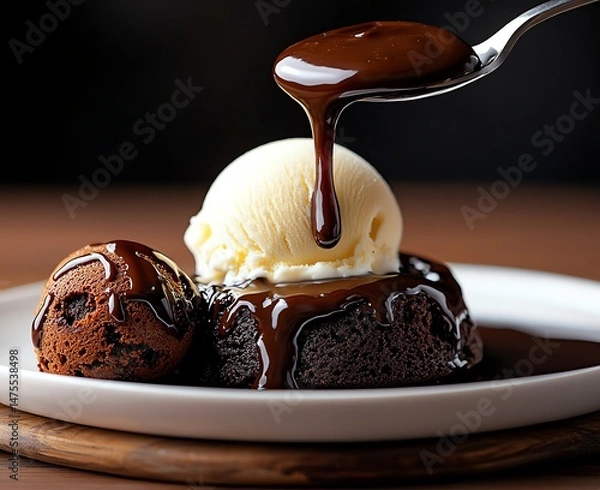 Obraz Indulge in a decadent dessert featuring warm chocolate cake topped with vanilla ice cream, drizzled with rich chocolate sauce, perfect for satisfying any sweet craving.
