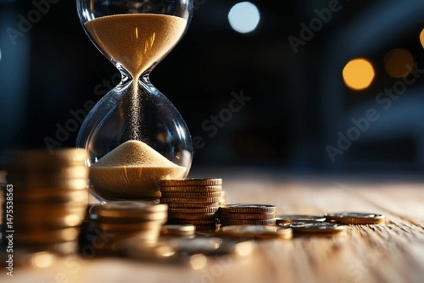 Obraz A close-up of an hourglass with sand cascading down next to a stack of coins, symbolizing the relationship between time management and financial success.