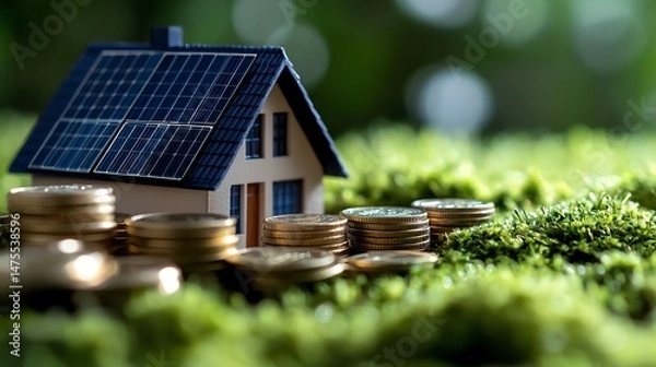 Obraz A miniature model of a house with solar panels sits atop a bed of coins, symbolizing sustainable energy solutions and investment in green technology for a better future.