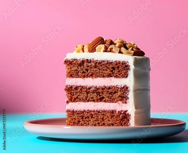 Obraz Delicious cake slice with a cream layer and topped with nuts against a vibrant pink background, perfect for dessert enthusiasts and food photography.