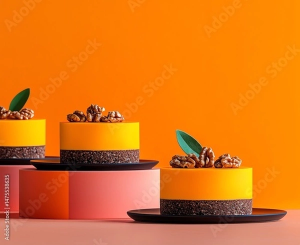 Obraz Vibrant and colorful dessert cakes featuring luscious orange creme and walnuts, set against a striking orange background. Ideal for food photography enthusiasts and pastry lovers.