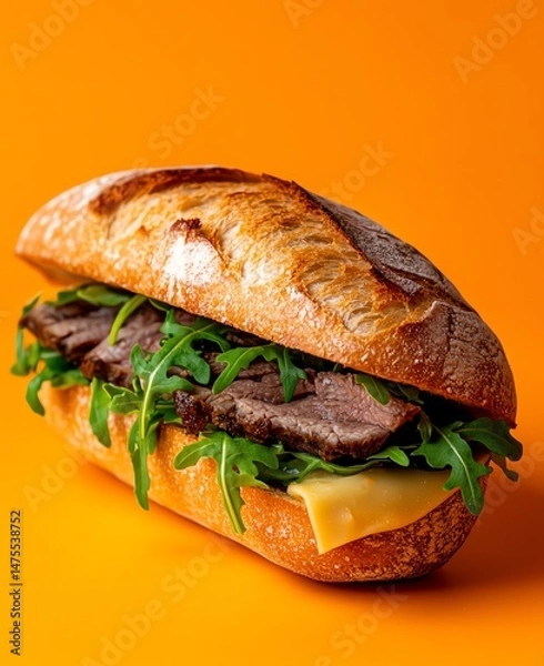 Obraz A delicious sandwich showcasing tender beef, fresh arugula, and melted cheese, nestled in a crispy, golden-brown artisan bread, set against a vibrant orange background.