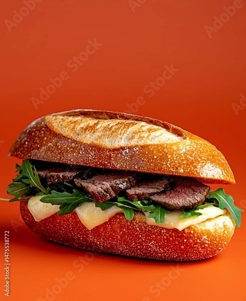 Obraz A delicious sandwich showcasing fresh ingredients with thick slices of meat, creamy cheese, and vibrant greens, all nestled in a crusty, golden roll against a warm orange backdrop.
