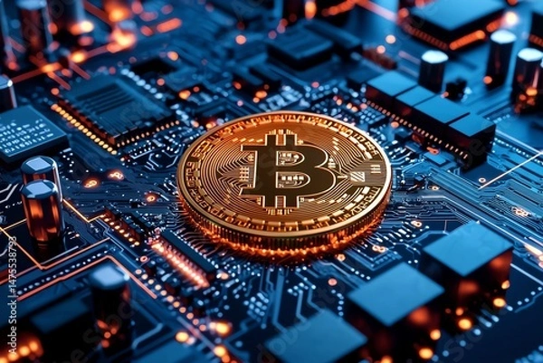 Obraz Close-up shot of a Bitcoin on a circuit board, showcasing the fusion of cryptocurrency and technology