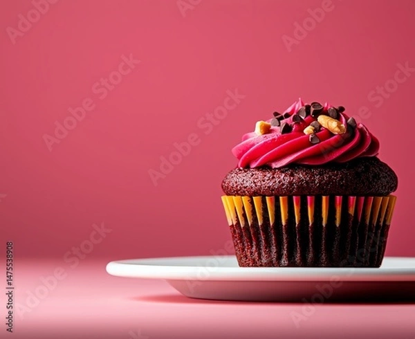Obraz A delicious chocolate cupcake with vibrant pink frosting and colorful sprinkles, elegantly placed on a white plate against a soft pink background. Perfect for dessert lovers.