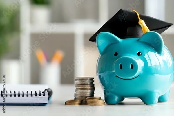 Obraz A vibrant blue piggy bank wearing a graduation cap sits next to a stack of coins