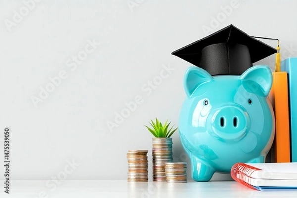 Obraz A blue piggy bank wearing a graduation cap, symbolizing financial planning for education. Surrounded by stacks of coins and books, representing saving and investment in knowledge.